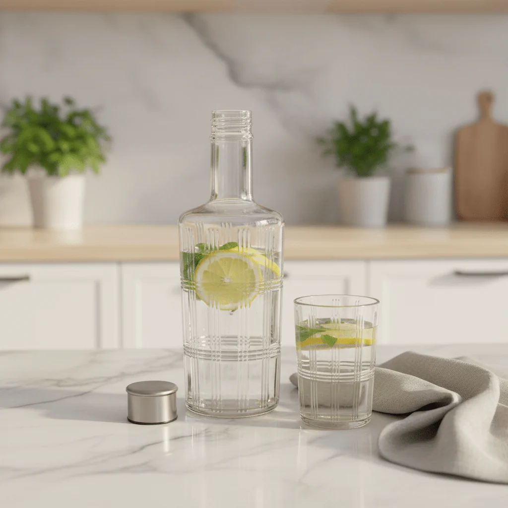 Nautilus Crystal-Cut Glass Water Bottle with Stainless Steel Cap — Vertical Rib & Grid Panel Design, 1 Litre - Image 2