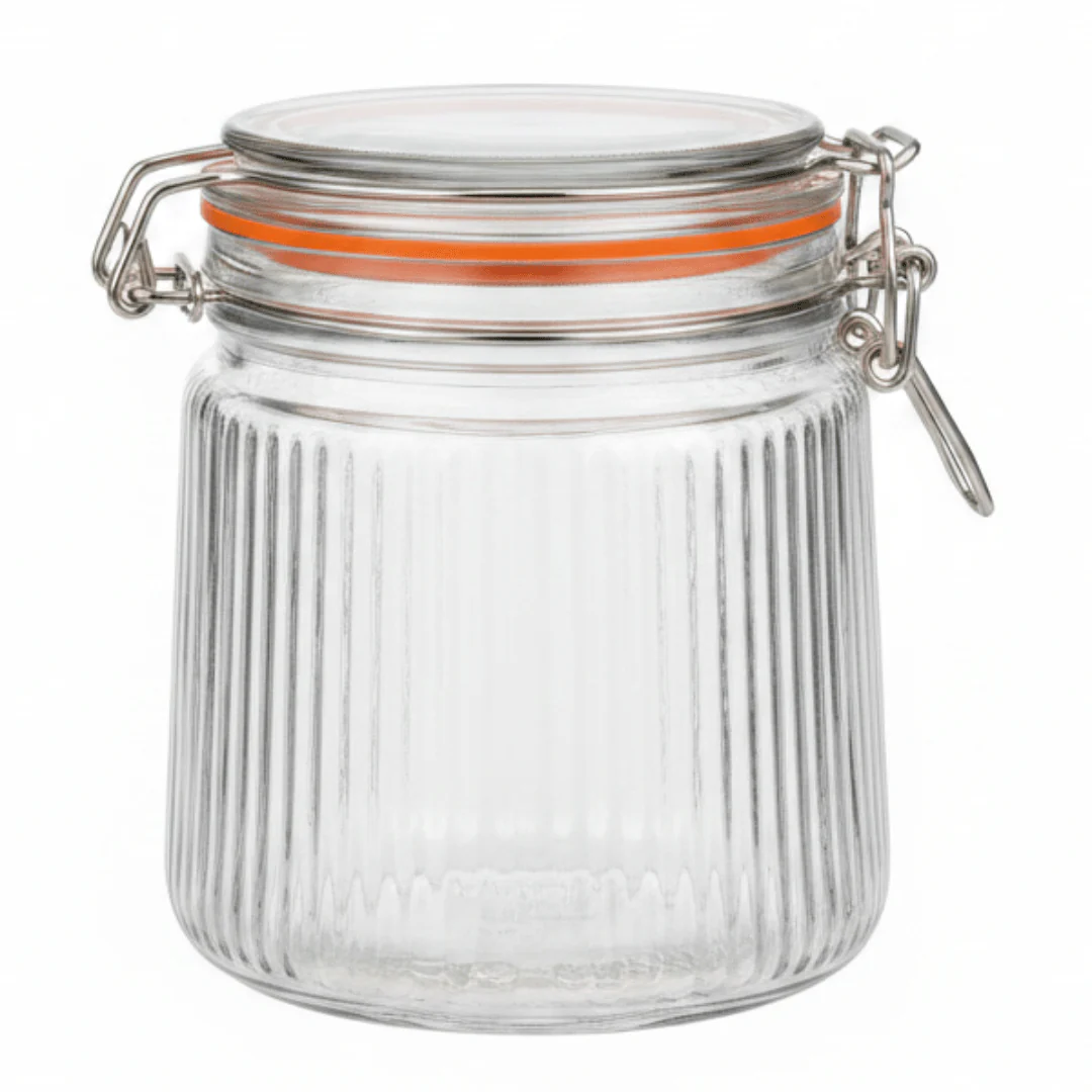 Nautilus Ribbed Glass Clip Jar 800ml | Airtight Bail Latch Storage Jar with Silicone Seal