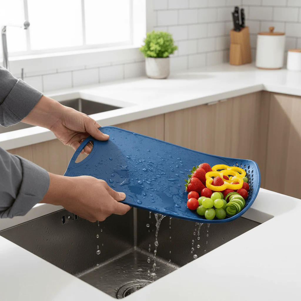 Nautilus 2-in-1 PP Cutting Board with Built-In Colander | 33×20cm | Navy Blue - Image 2