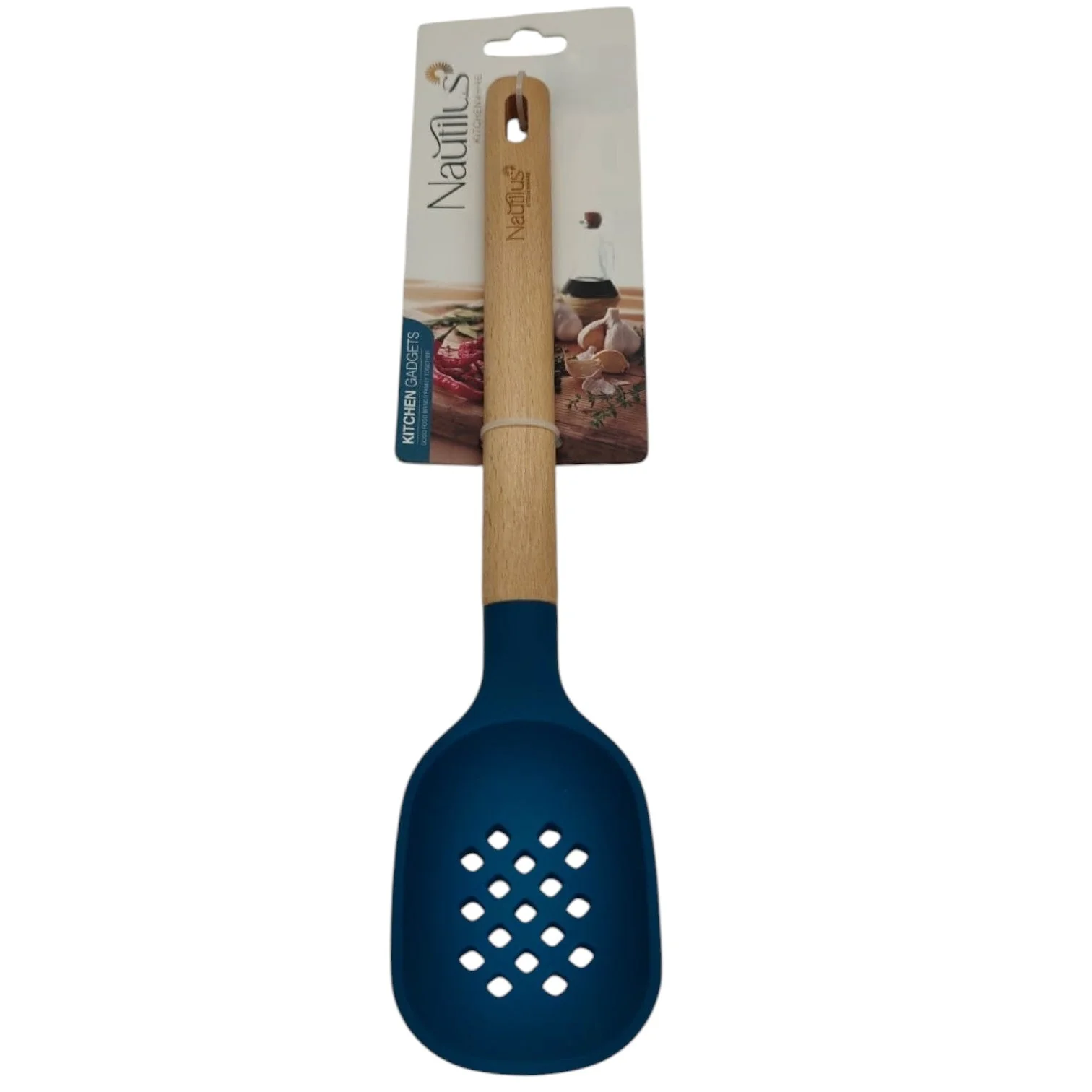 Nautilus Silicone Slotted Spoon With Wooden Handle-33cmX7cm-Blue&Wooden