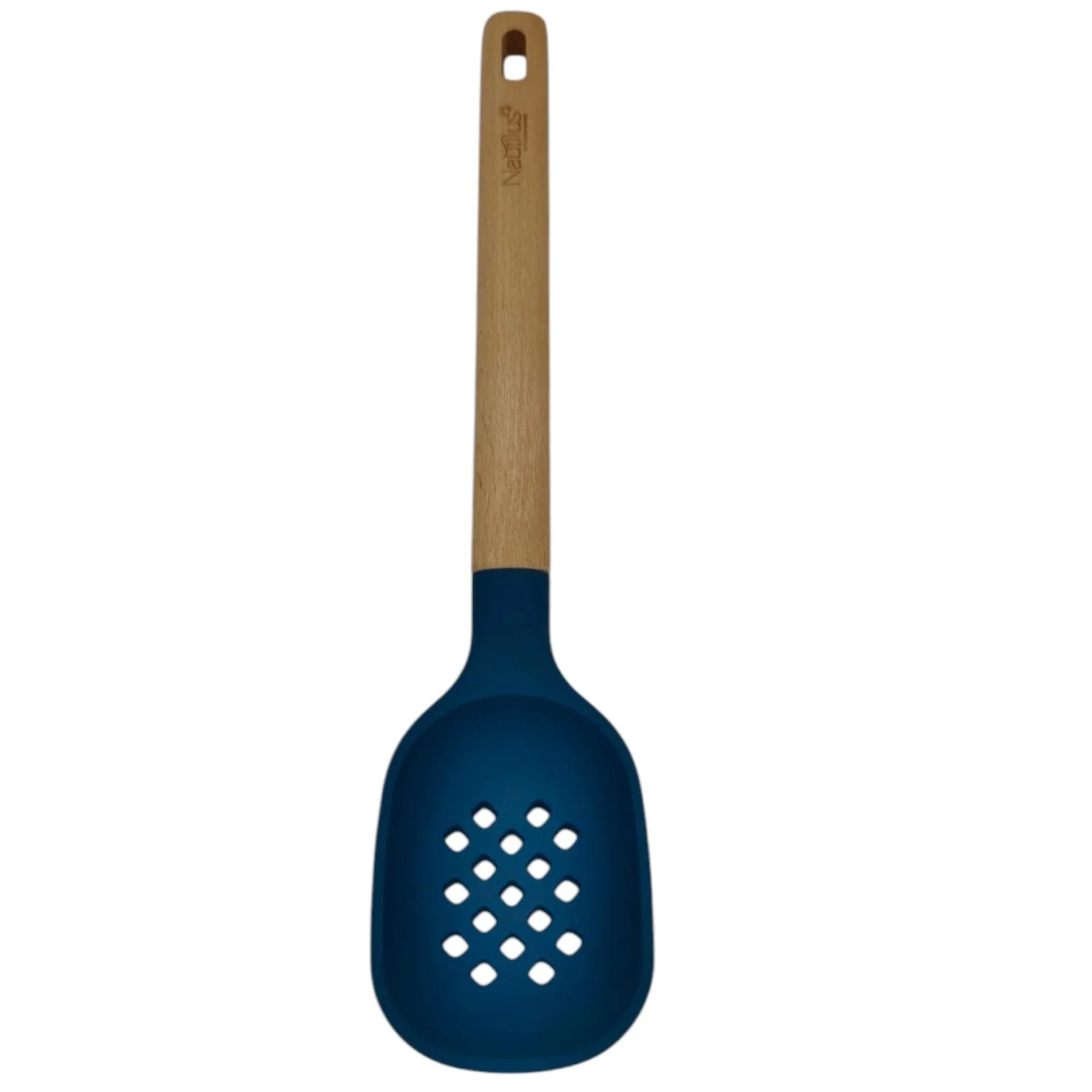 Nautilus Silicone Slotted Spoon With Wooden Handle-33cmX7cm-Blue&Wooden - Image 2