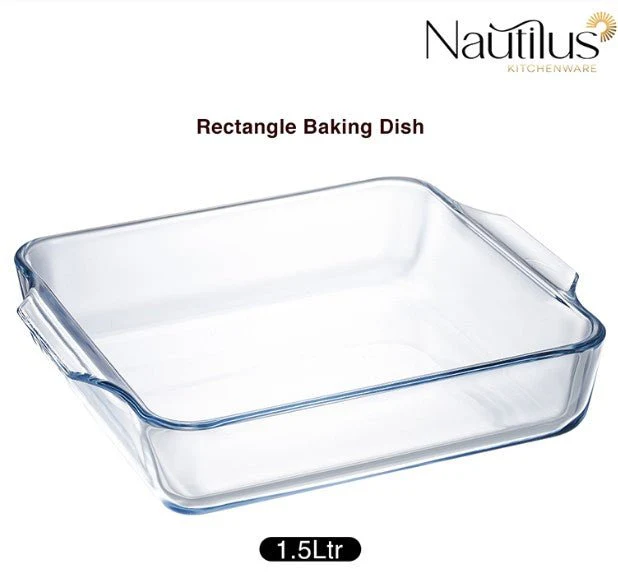NAUTILUS Square Borosilicate Glass Baking Tray/Roaster 1.5 Liter, 243mm*201mm*52mm, RNGT-10576