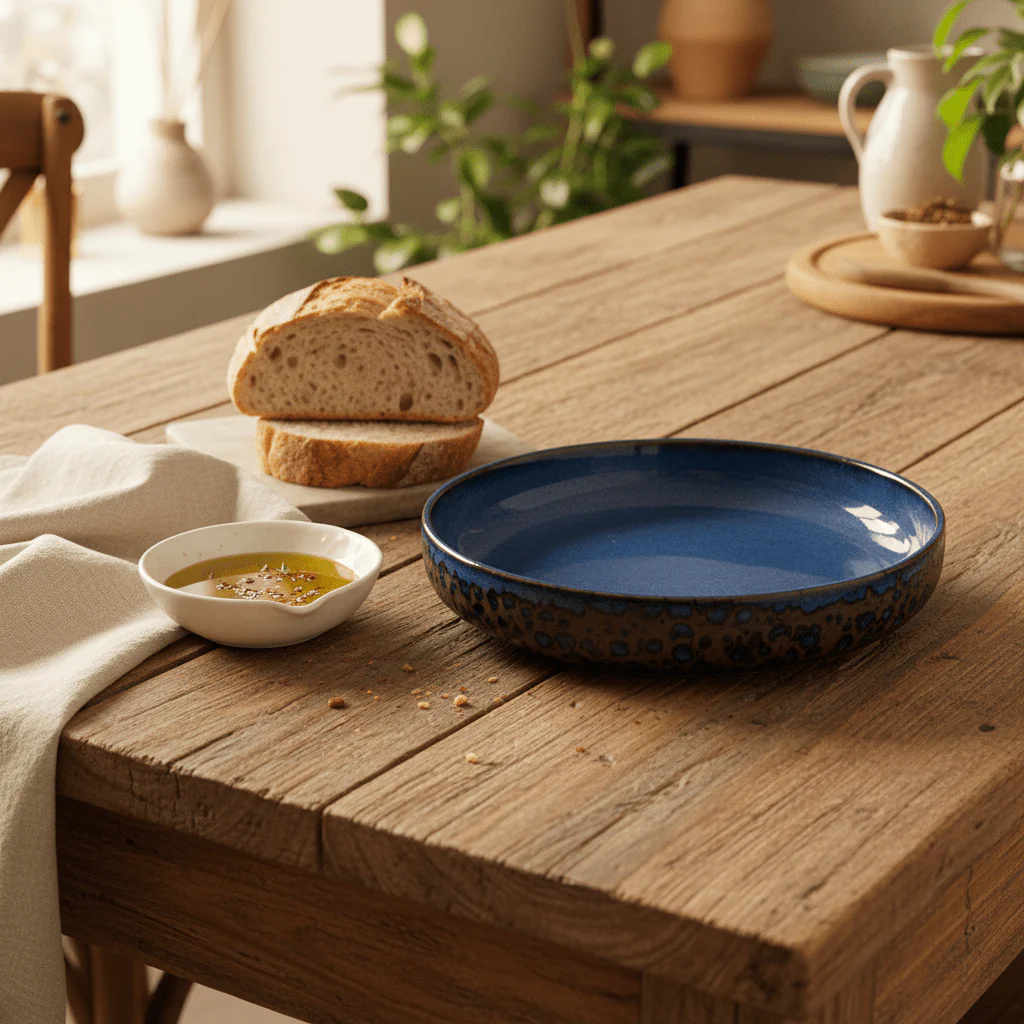 Navy Blue & Brown Round Reactive Glaze Ceramic Flat Plate 20cm - Image 3