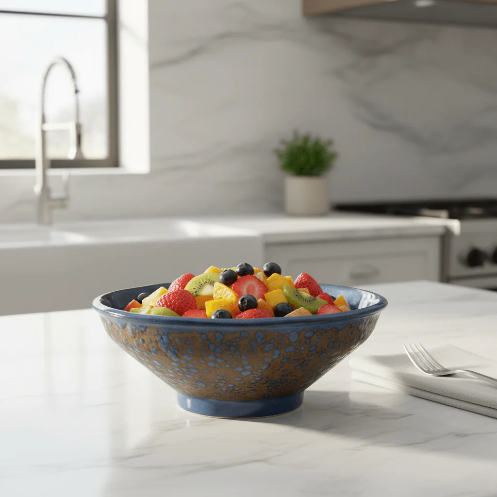 Navy Blue & Brown Round Reactive Glaze Ceramic Serving Bowl 25cm - Image 3