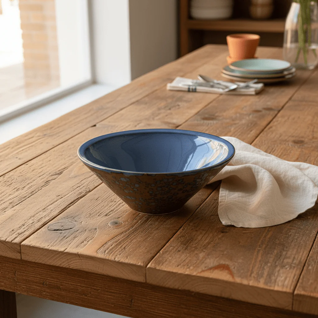 Navy Blue & Brown Round Reactive Glaze Ceramic Serving Bowl 20cm - Image 2