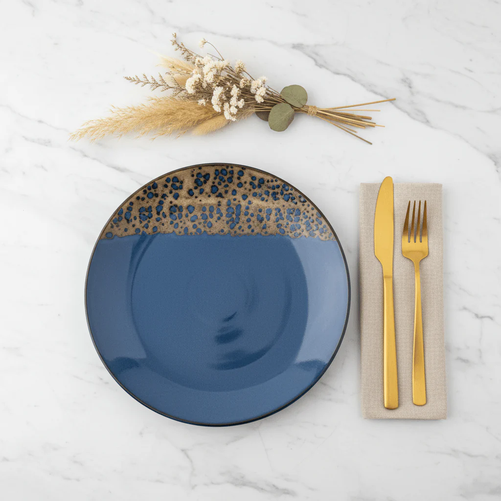 Navy Blue & Brown Round Speckled Ceramic Dinner Plate 28cm - Image 3