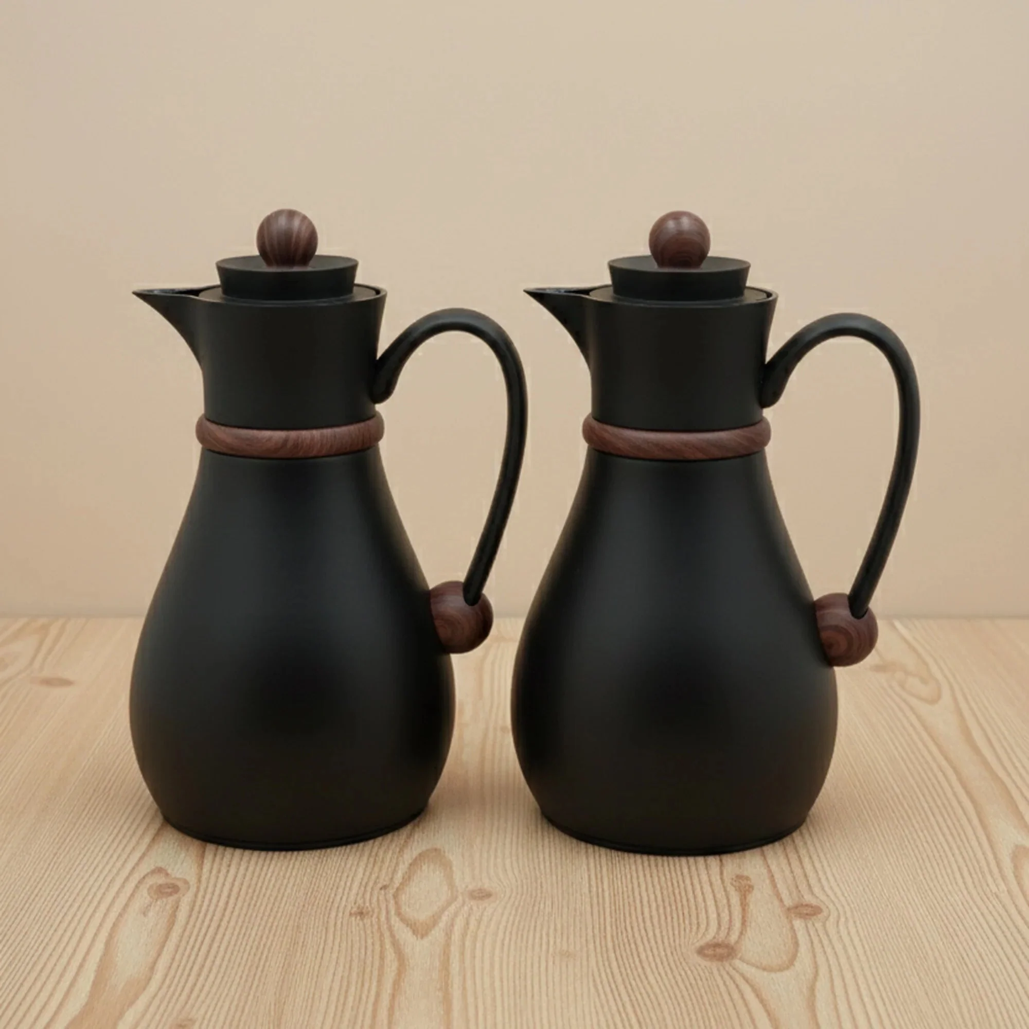 NB6100 Modern Thermal Flask Set (0.7L + 1L) – Matte Black with Wooden Handle Design