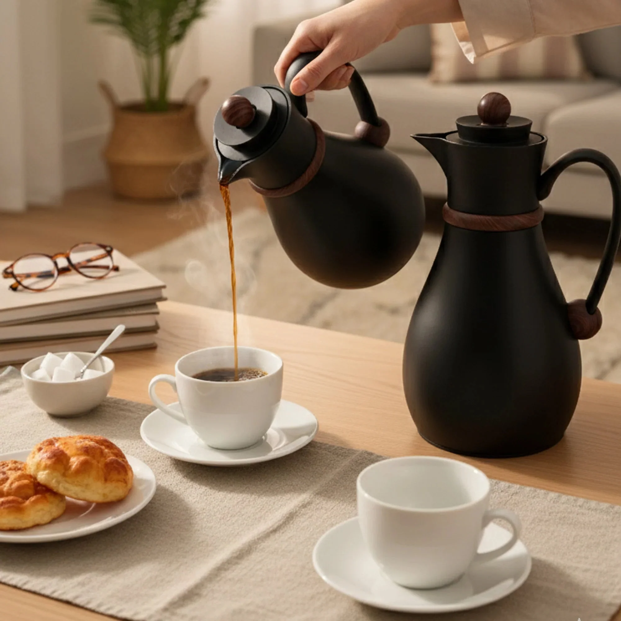 NB6100 Modern Thermal Flask Set (0.7L + 1L) – Matte Black with Wooden Handle Design - Image 2