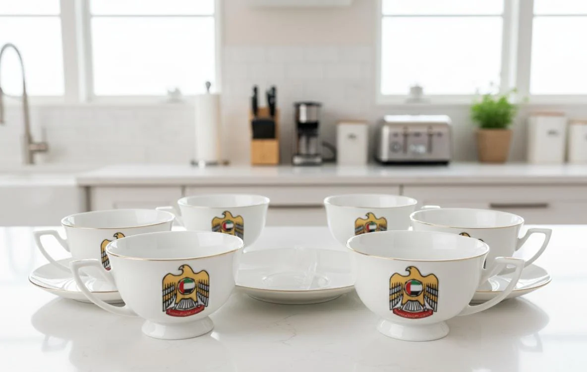 New East Sun 12 Pieces Cup and Saucer Set in UAE National Design – Elegant White Finish Perfect for Celebrations