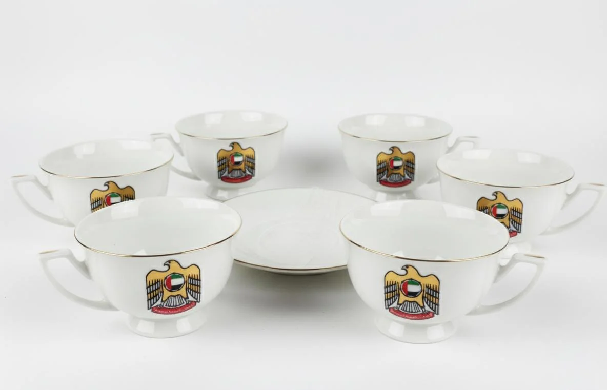 New East Sun 12 Pieces Cup and Saucer Set in UAE National Design – Elegant White Finish Perfect for Celebrations - Image 2