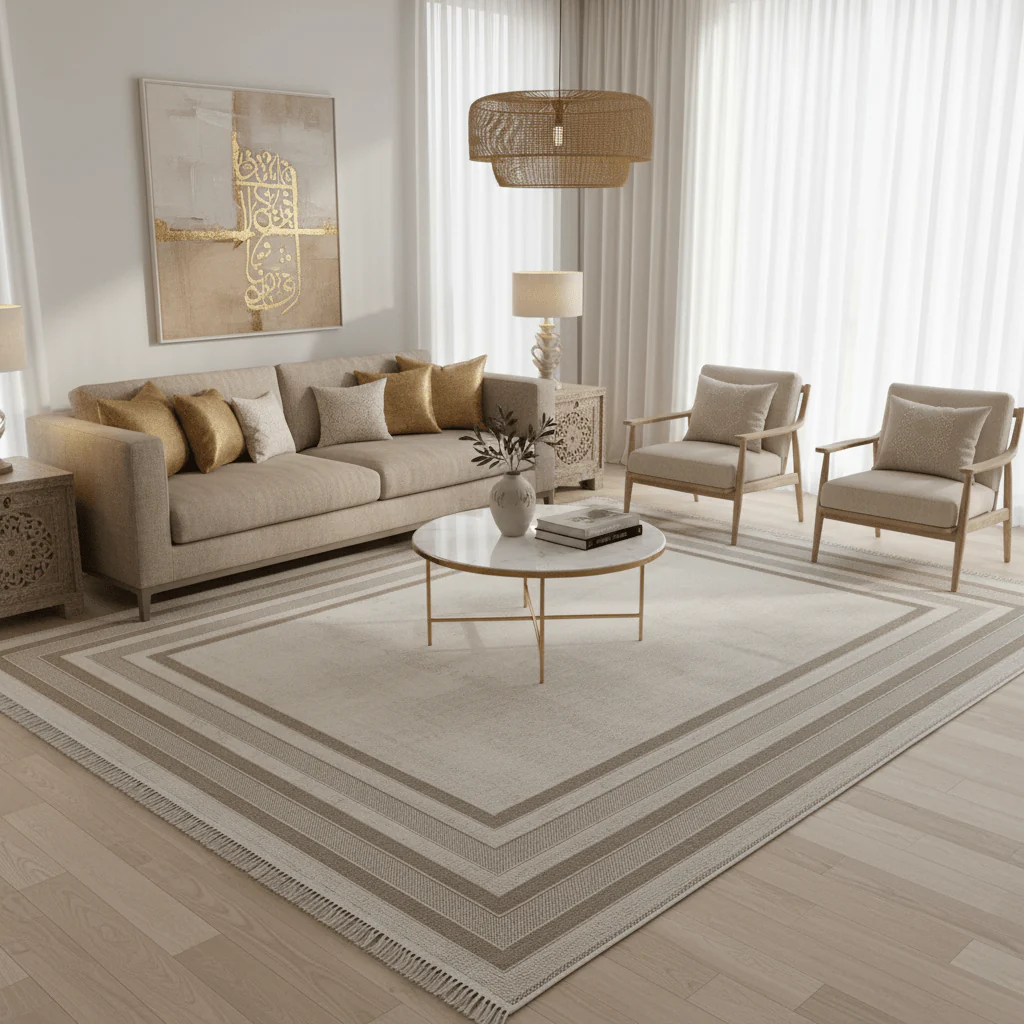 New Jallaksy Polypropylene Ivory & Light Beige Area Carpet | Geometric Border Design | 300×400 cm | Made in Turkey | Living Room, Majlis & Dining Rug - Image 2