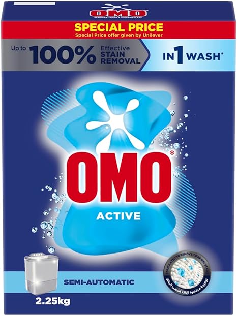 OMO Semi-Automatic Powder Laundry Detergent, Active, up to 100% stain removal in 1 wash*, 2.25 KG