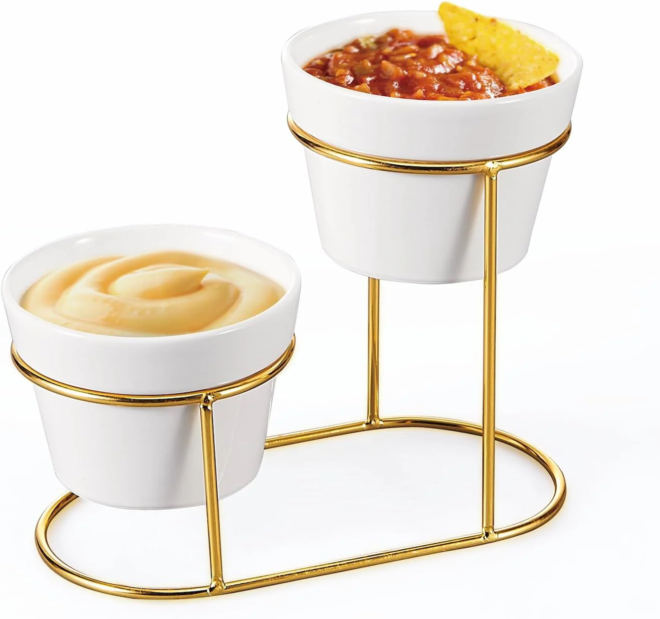 Orchid 2Pcs Bowl Set With Golden Stand, Ceramic Chip and Dip Bowls With Collapsible Food Display Stand, Serving Platter For Snacks Perfect For Parties, Buffets and Entertaining (DTC23842G)-White&Gold - Image 2