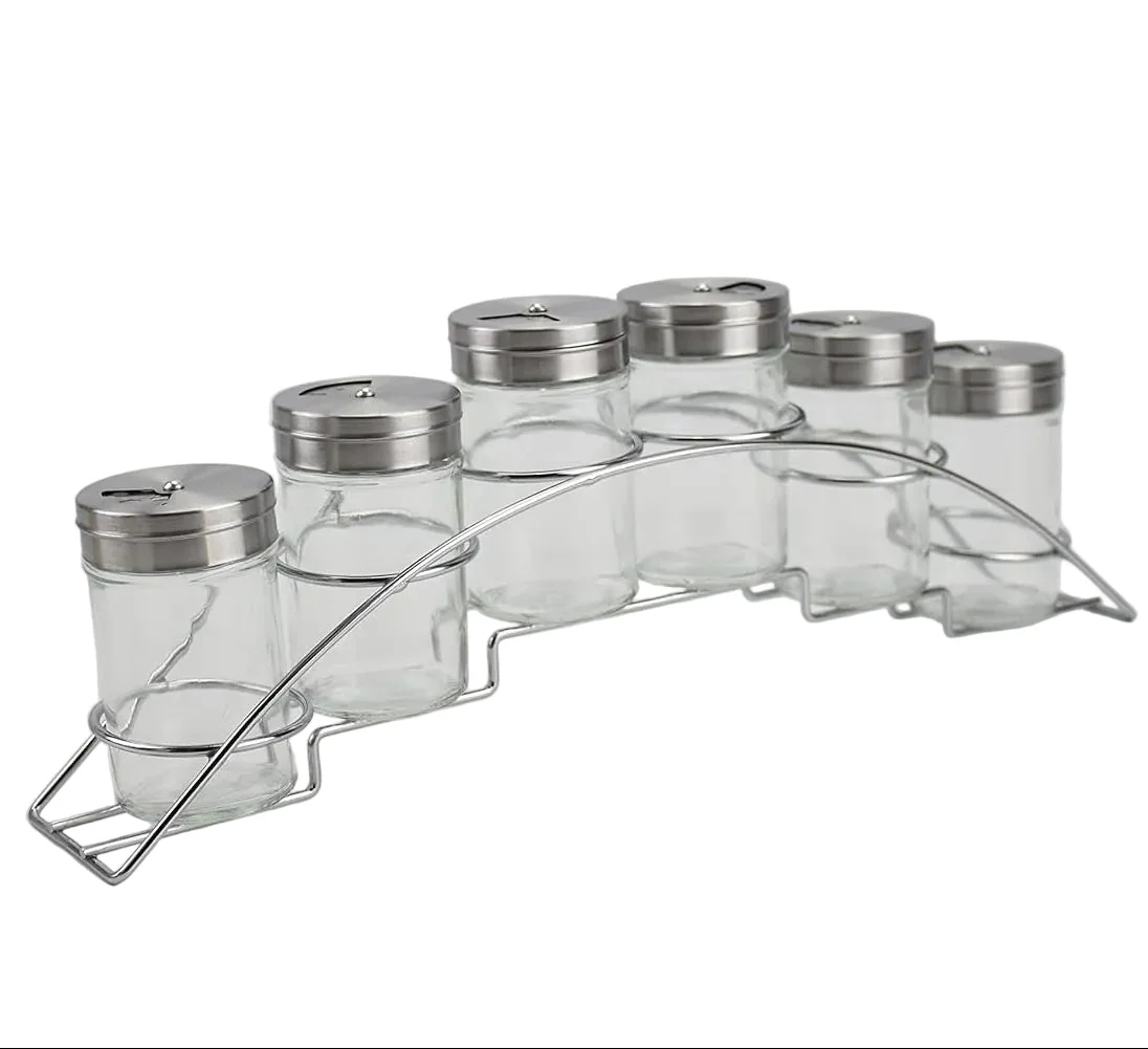Orchid 6-Piece Glass Spice Jar Set with Metal Rack - 85ml Seasoning Organizer