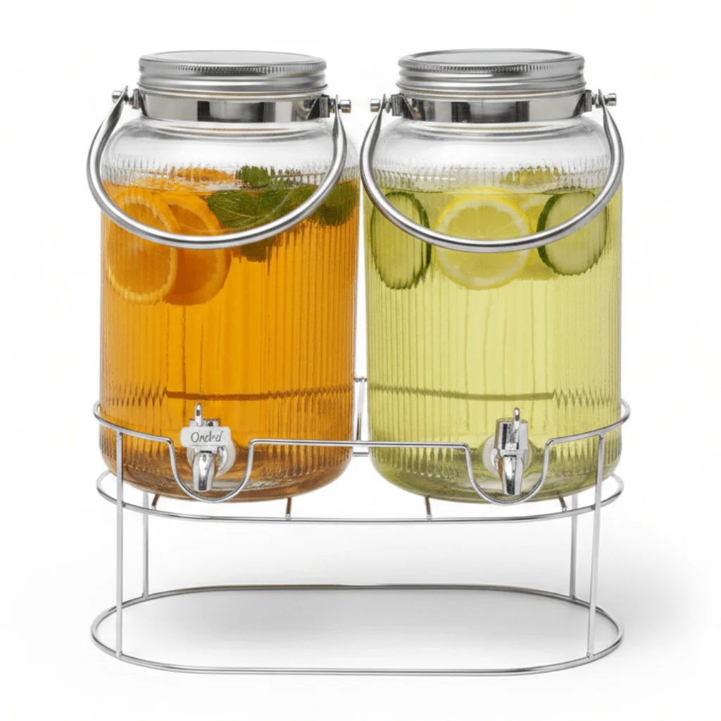 Orchid Glass Beverage Dispenser Set with Metal Stand & Handle — 4L × 2 (8L Total)