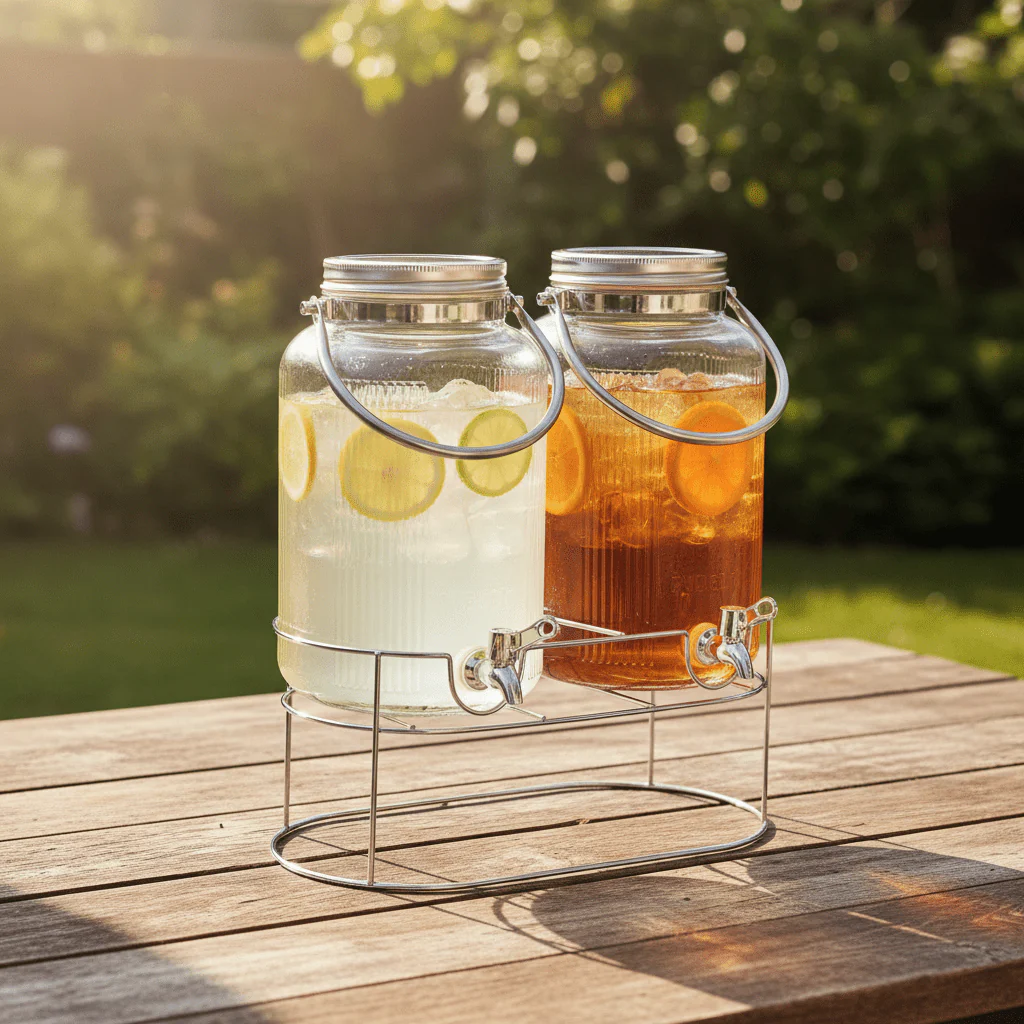 Orchid Glass Beverage Dispenser Set with Metal Stand & Handle — 4L × 2 (8L Total) - Image 2