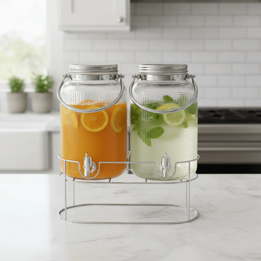 Orchid Glass Beverage Dispenser Set with Metal Stand & Handle — 4L × 2 (8L Total) - Image 3