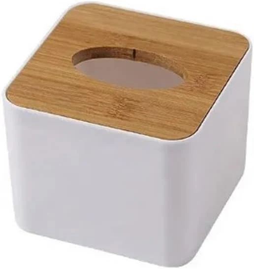 Orchid Square Plastic Tissue Box with Wooden Lid – White