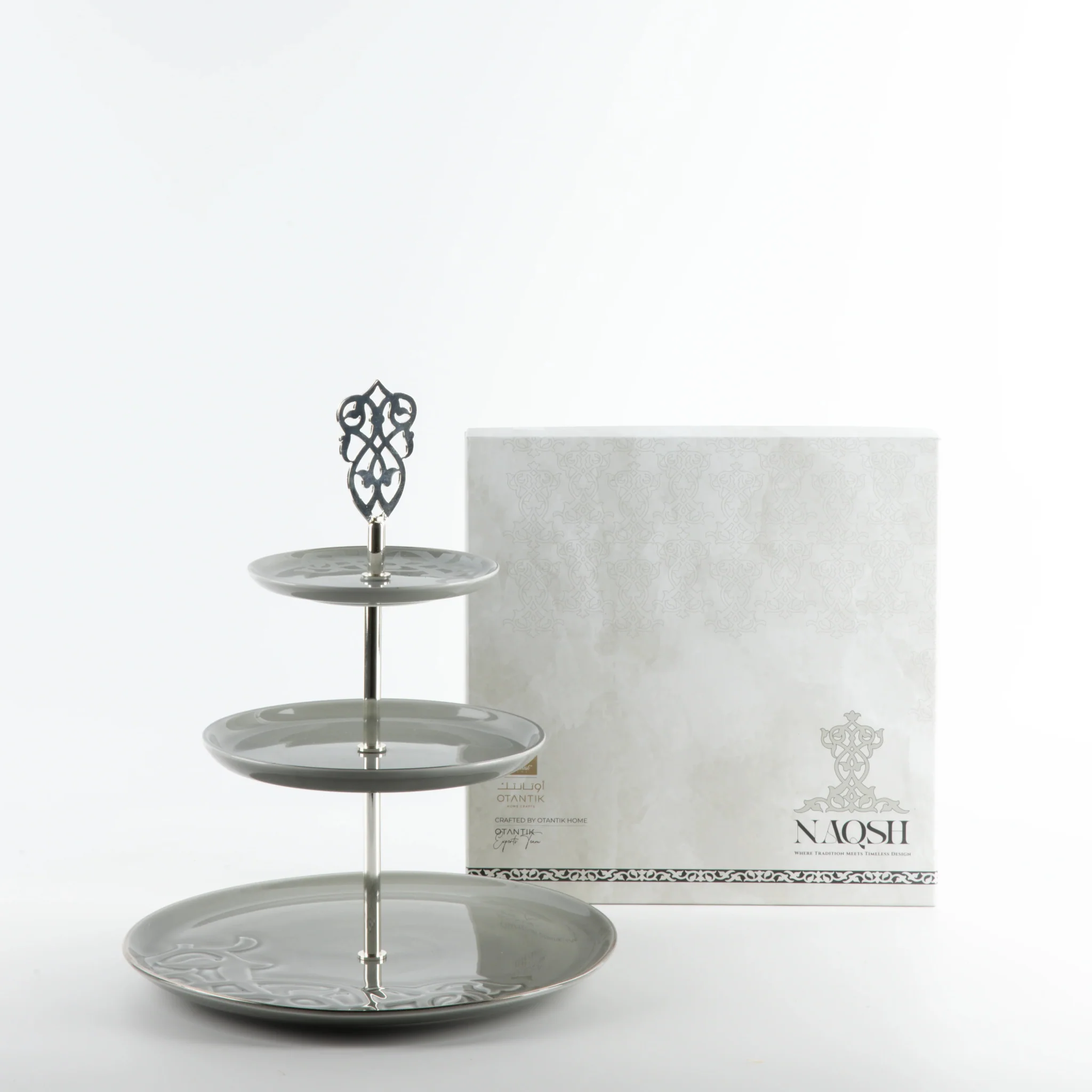 Otantik Naqsh Porcelain 3-Tier Candy Tray 27cm*33cm, Grey/Silver- ET2988 - Image 3