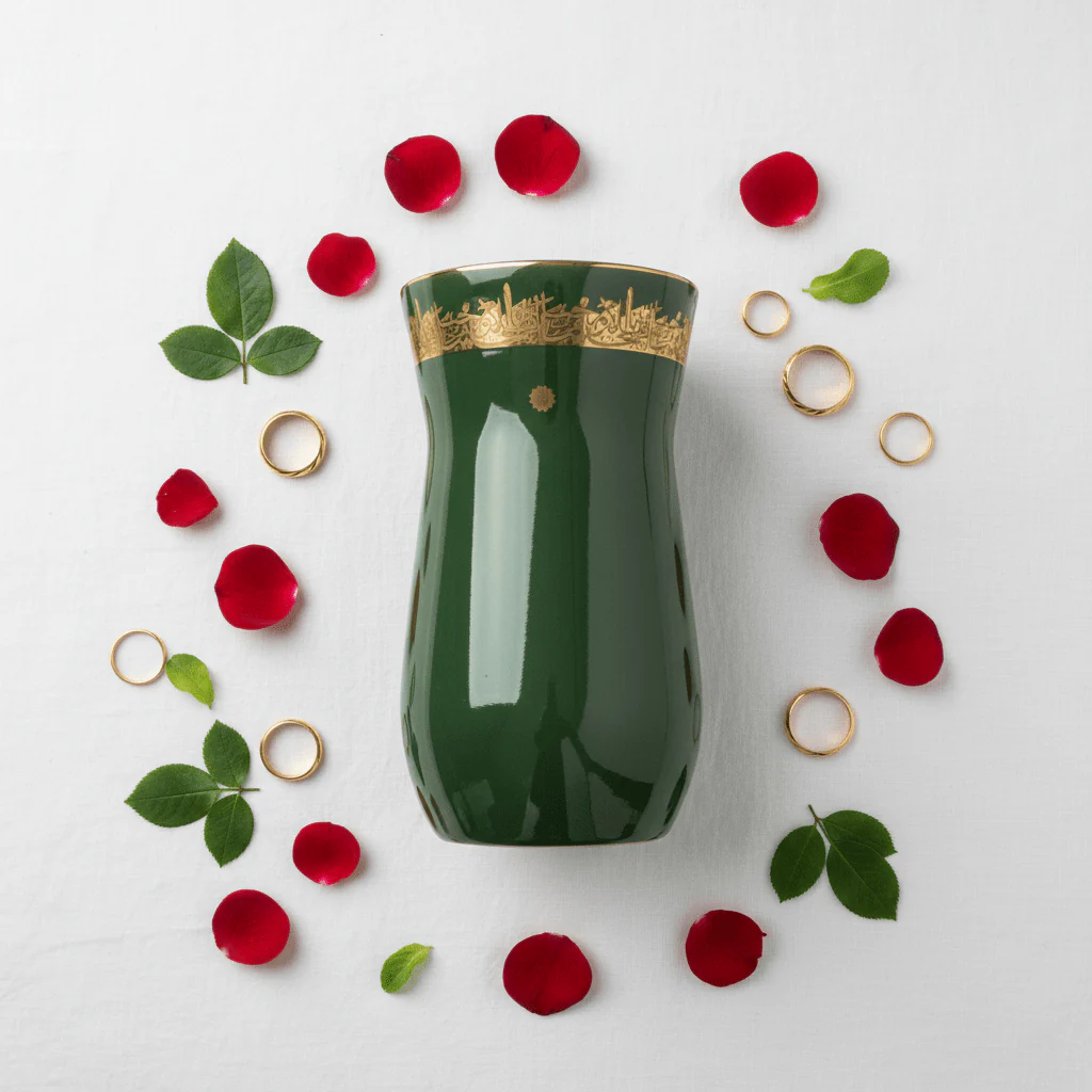Otantik Atheer Green Ceramic Flower Vase | 25×14 cm | Gold Arabic Calligraphy - Image 4
