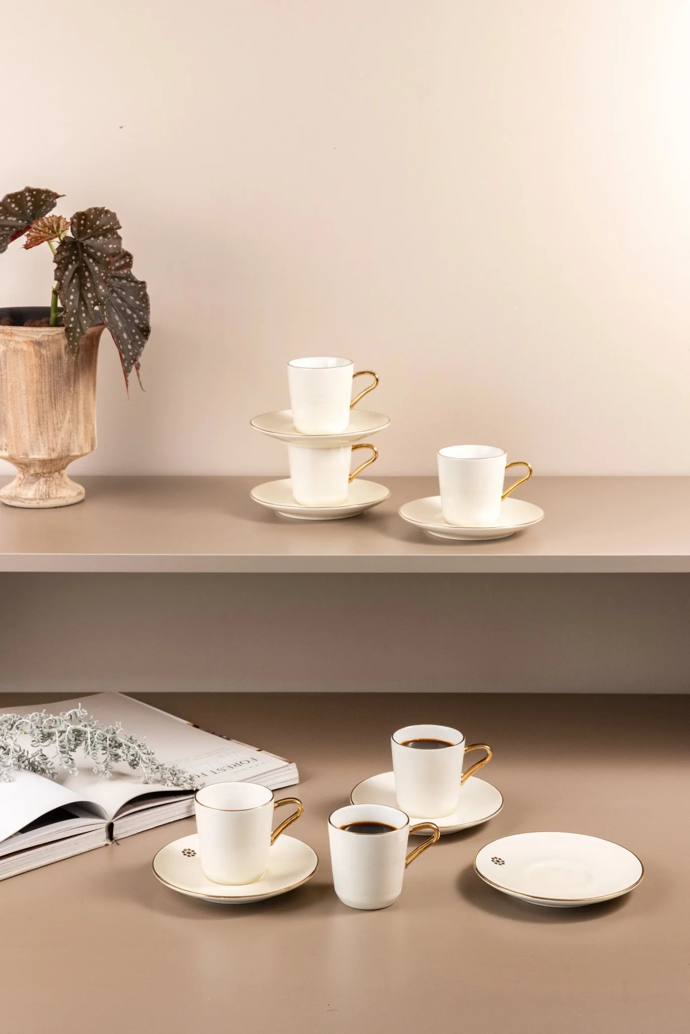 Otantik Mirral Luxury 12-Piece Turkish Coffee Cup & Saucer Set – White with Gold Accent 115CC