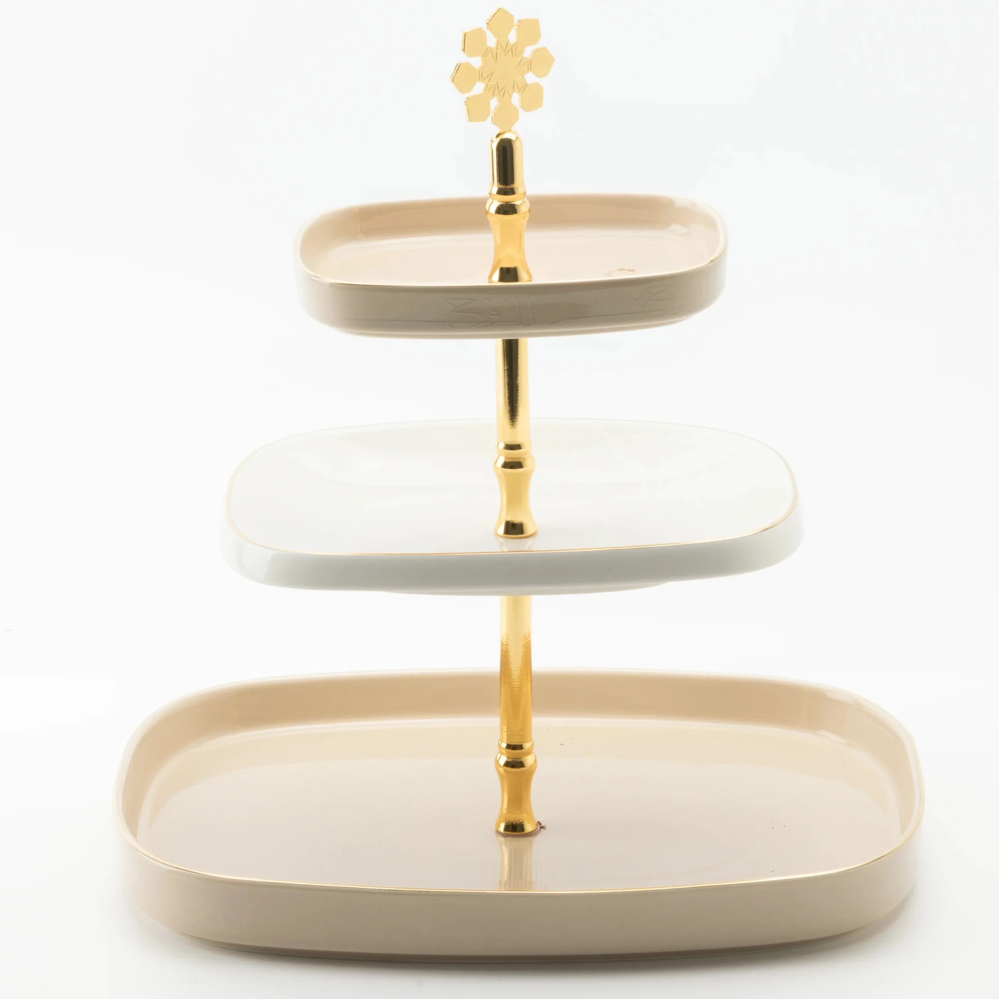 Otantik Mirral Luxury 3-Tier Porcelain Dessert & Cake Stand – Beige with Gold Finish (30*32 cm) - Image 2