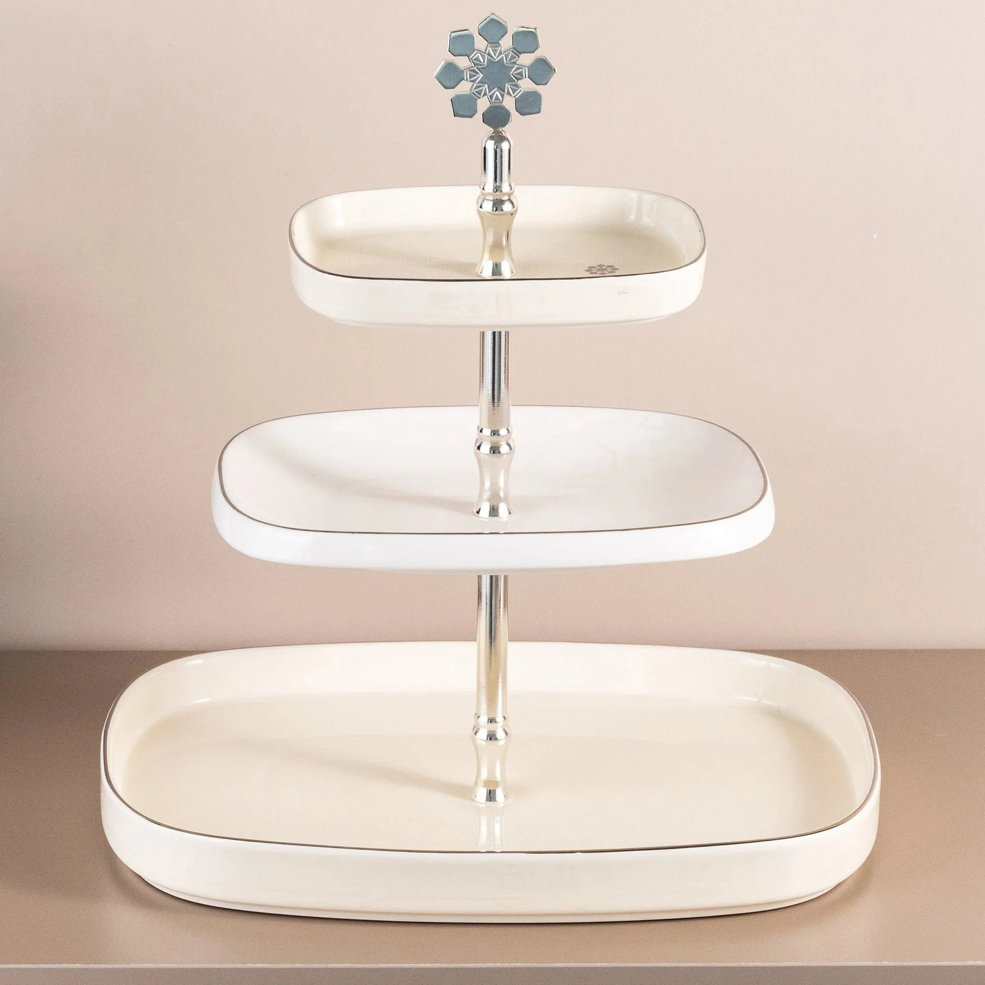 Otantik Mirral Luxury 3-Tier Porcelain Dessert & Cake Stand – White with Silver Finish (30*32 cm)