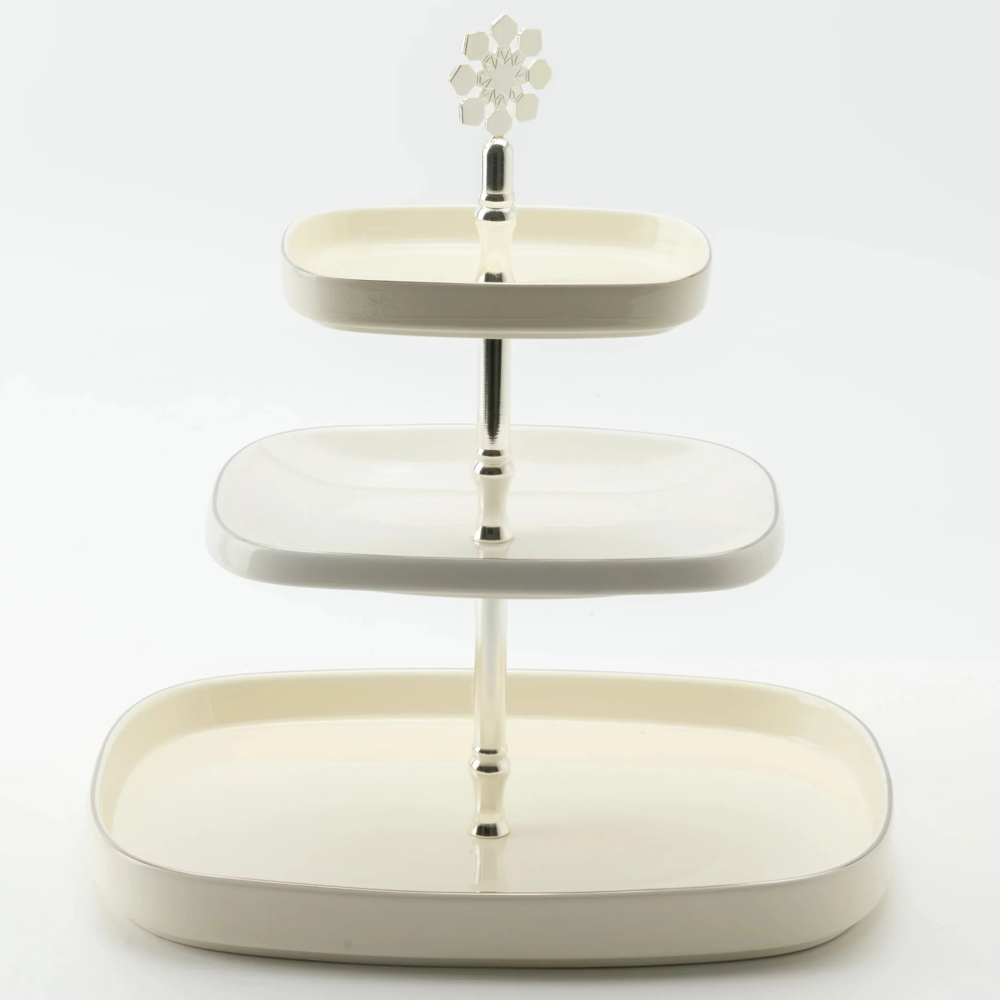 Otantik Mirral Luxury 3-Tier Porcelain Dessert & Cake Stand – White with Silver Finish (30*32 cm) - Image 2