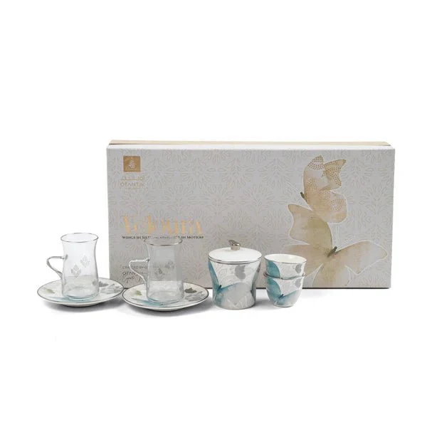 Otantik Veloura ET3064 Elite 19-Piece Tea & Cawa Set – Blue & Silver Floral Porcelain & Glass
