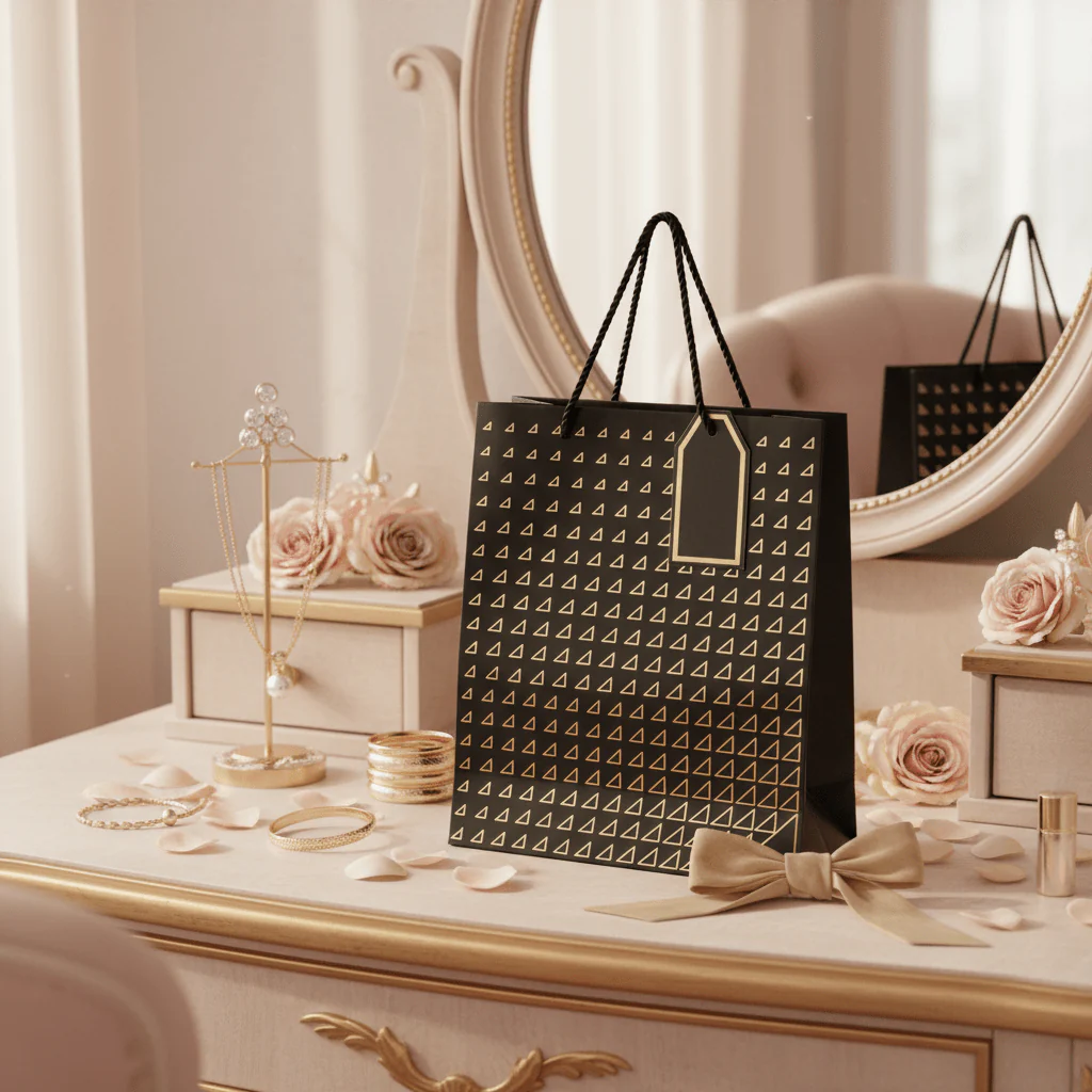 Paper Gift Bag with Gold Triangle Pattern & Rope Handles – 32×26cm | Premium Gift Packaging for All Occasions - Image 4