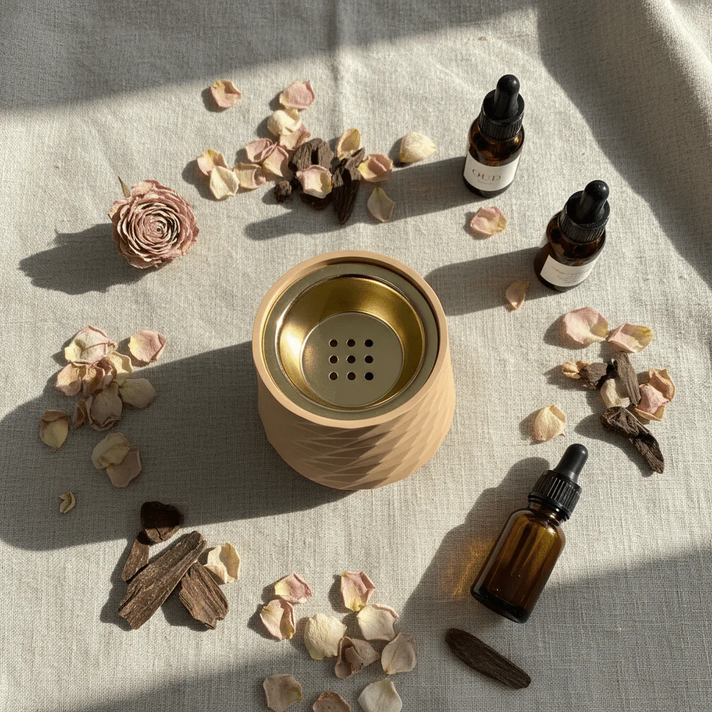 Peach Elegant Ceramic Incense Burner | Diamond-Faceted | Gold Inner Bowl | 10×7cm - Image 3