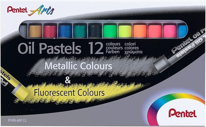 PENTEL Fluorescent and Metallic Oil Pastels Set of 12 Assorted Colours