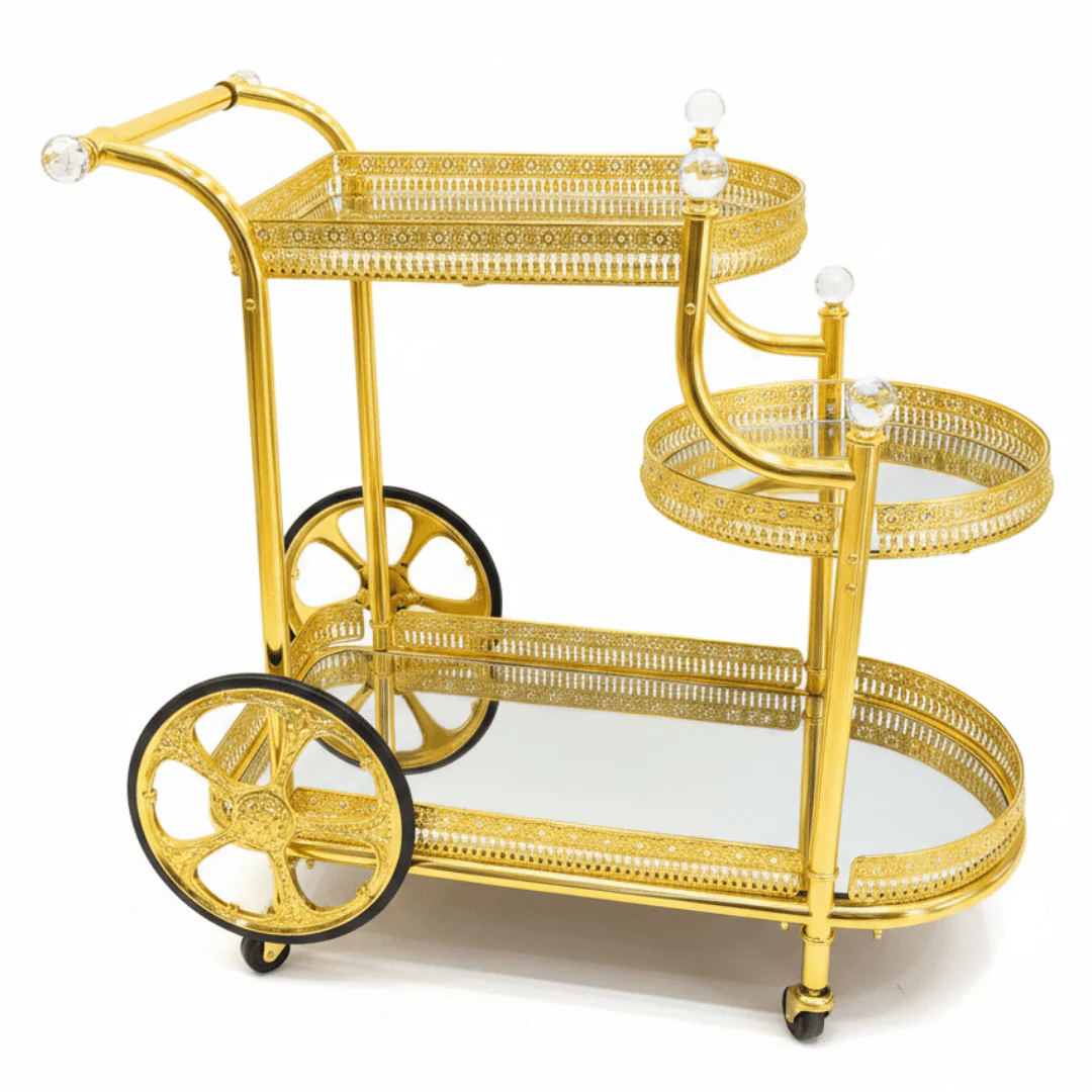 Pilsco 3-Tier Gold Metal & Mirror Glass Serving Trolley Cart | Ornate Filigree Design with Crystal Finials & Decorative Wheels | Luxury Hospitality & Majlis Tea Trolley | 80 x 80x 50 cm