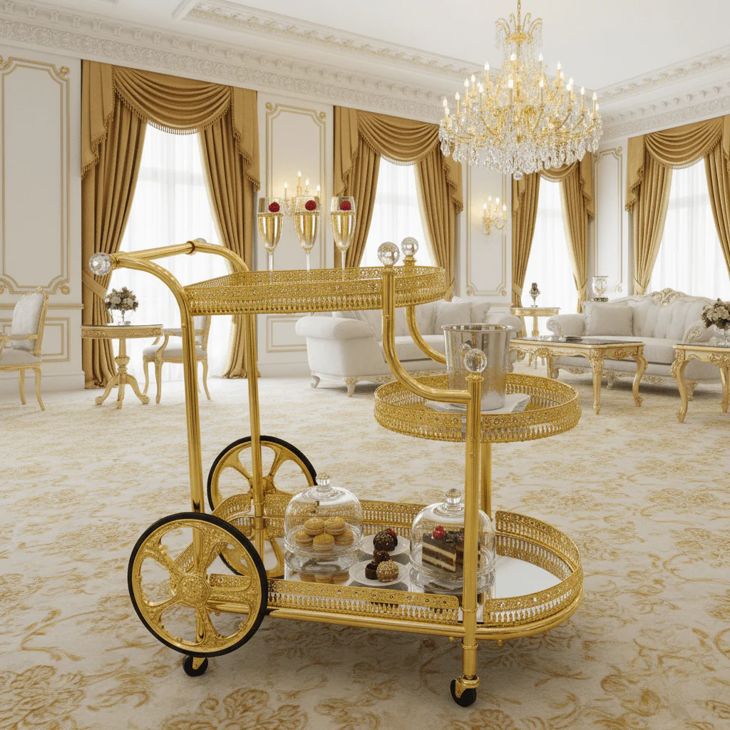 Pilsco 3-Tier Gold Metal & Mirror Glass Serving Trolley Cart | Ornate Filigree Design with Crystal Finials & Decorative Wheels | Luxury Hospitality & Majlis Tea Trolley | 80 x 80x 50 cm - Image 3