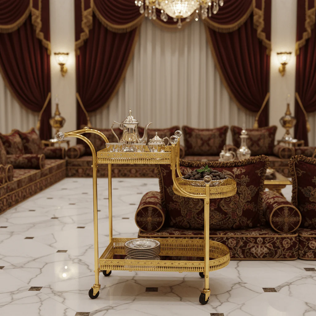 Pilsco 3-Tier Gold Metal & Mirrored Glass Serving Trolley Cart with Crystal Finials & Ornate Filigree Design | Luxury Hospitality & Majlis Tea Trolley on Wheels | 70 x 60 x 34 cm - Image 2