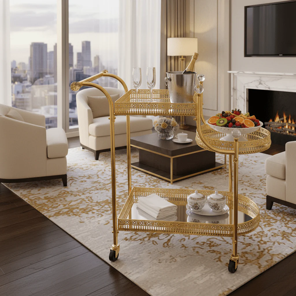 Pilsco 3-Tier Gold Metal & Mirrored Glass Serving Trolley Cart with Crystal Finials & Ornate Filigree Design | Luxury Hospitality & Majlis Tea Trolley on Wheels | 70 x 60 x 34 cm - Image 3