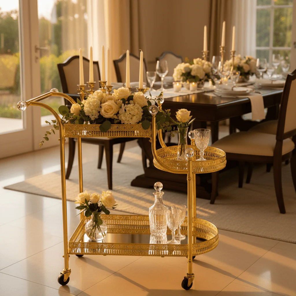 Pilsco 3-Tier Gold Metal & Mirrored Glass Serving Trolley Cart with Crystal Finials & Ornate Filigree Design | Luxury Hospitality & Majlis Tea Trolley on Wheels | 70 x 60 x 34 cm - Image 4