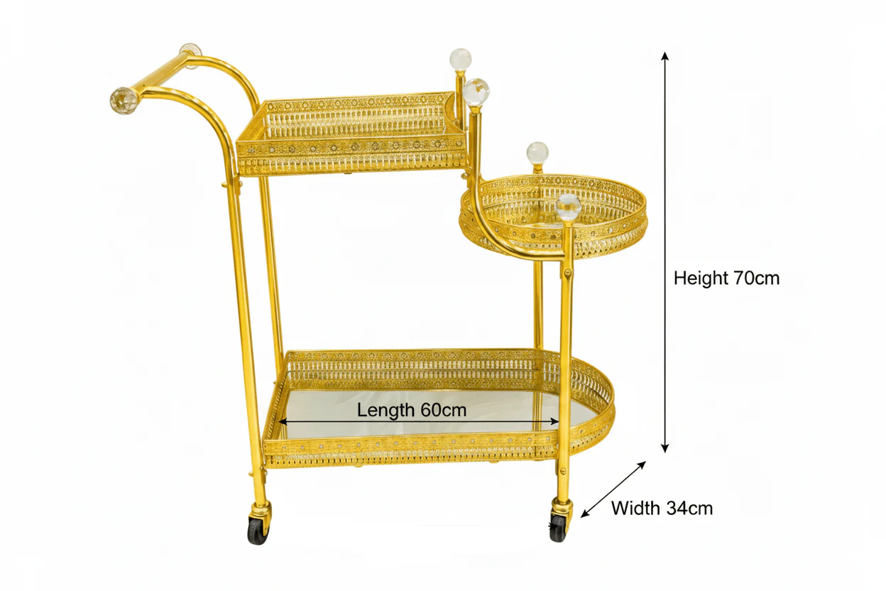 Pilsco 3-Tier Gold Metal & Mirrored Glass Serving Trolley Cart with Crystal Finials & Ornate Filigree Design | Luxury Hospitality & Majlis Tea Trolley on Wheels | 70 x 60 x 34 cm - Image 5