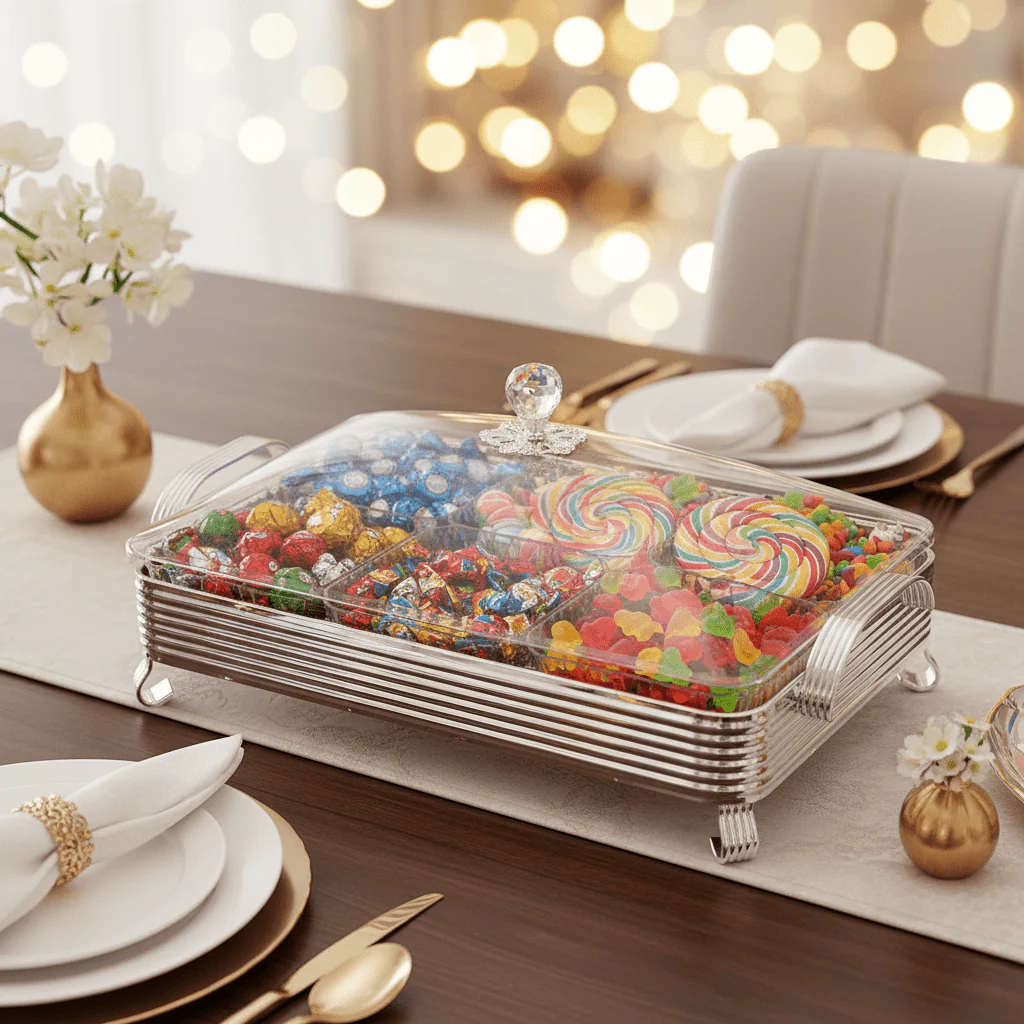 Pilsco 6-Compartment Acrylic Candy Storage Box with Silver Metal Frame And Lid – Multi-Section Organizer for Snacks & Dry Fruits – 40 × 28 cm - Image 3