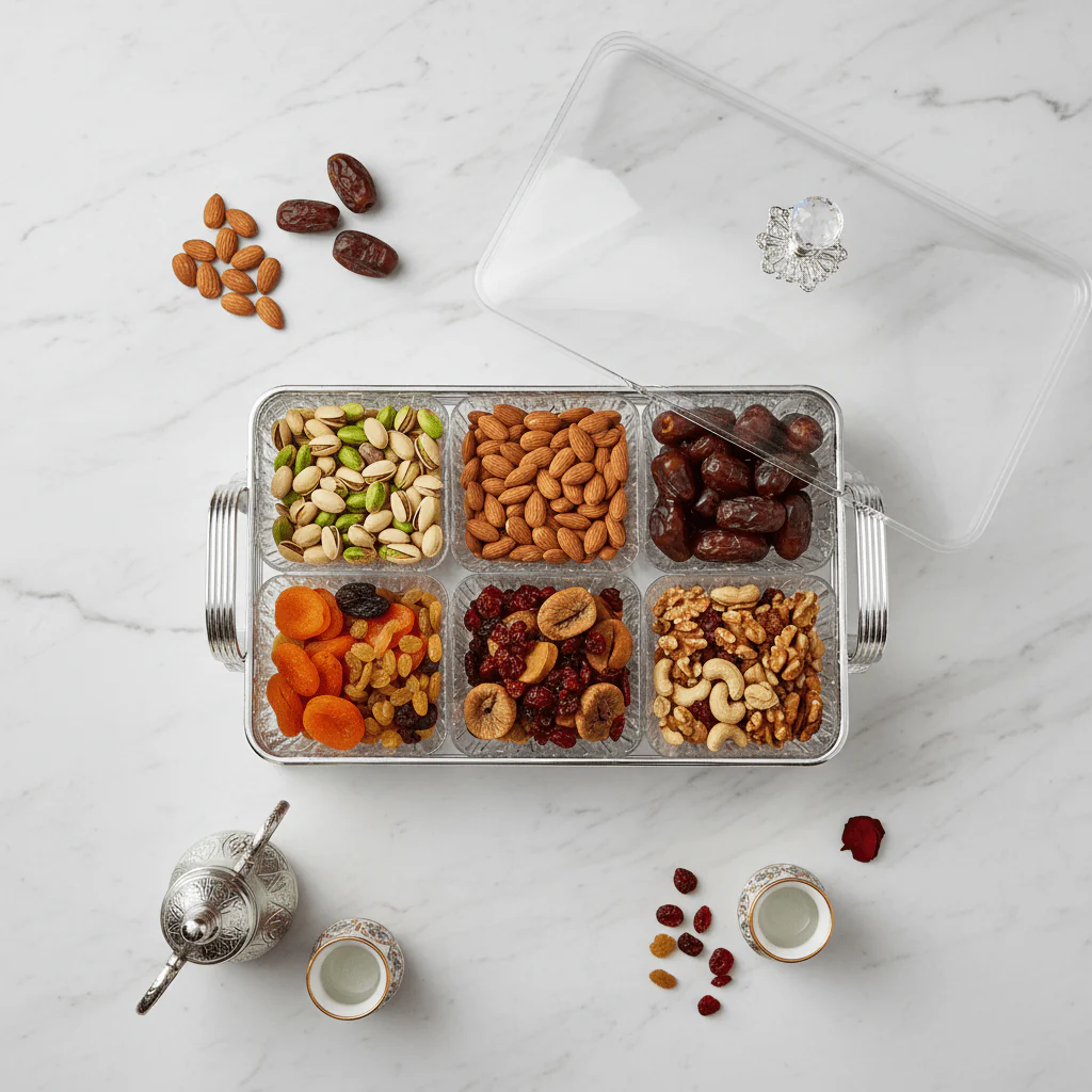 Pilsco 6-Compartment Acrylic Candy Storage Box with Silver Metal Frame And Lid – Multi-Section Organizer for Snacks & Dry Fruits – 40 × 28 cm - Image 4