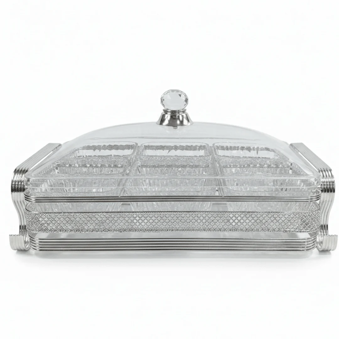 Pilsco Elegant 6-Section Acrylic Candy Serving Tray with Silver Metal Holder & Decorative Lid – Premium Sweet and Snack Organizer 38×26 cm