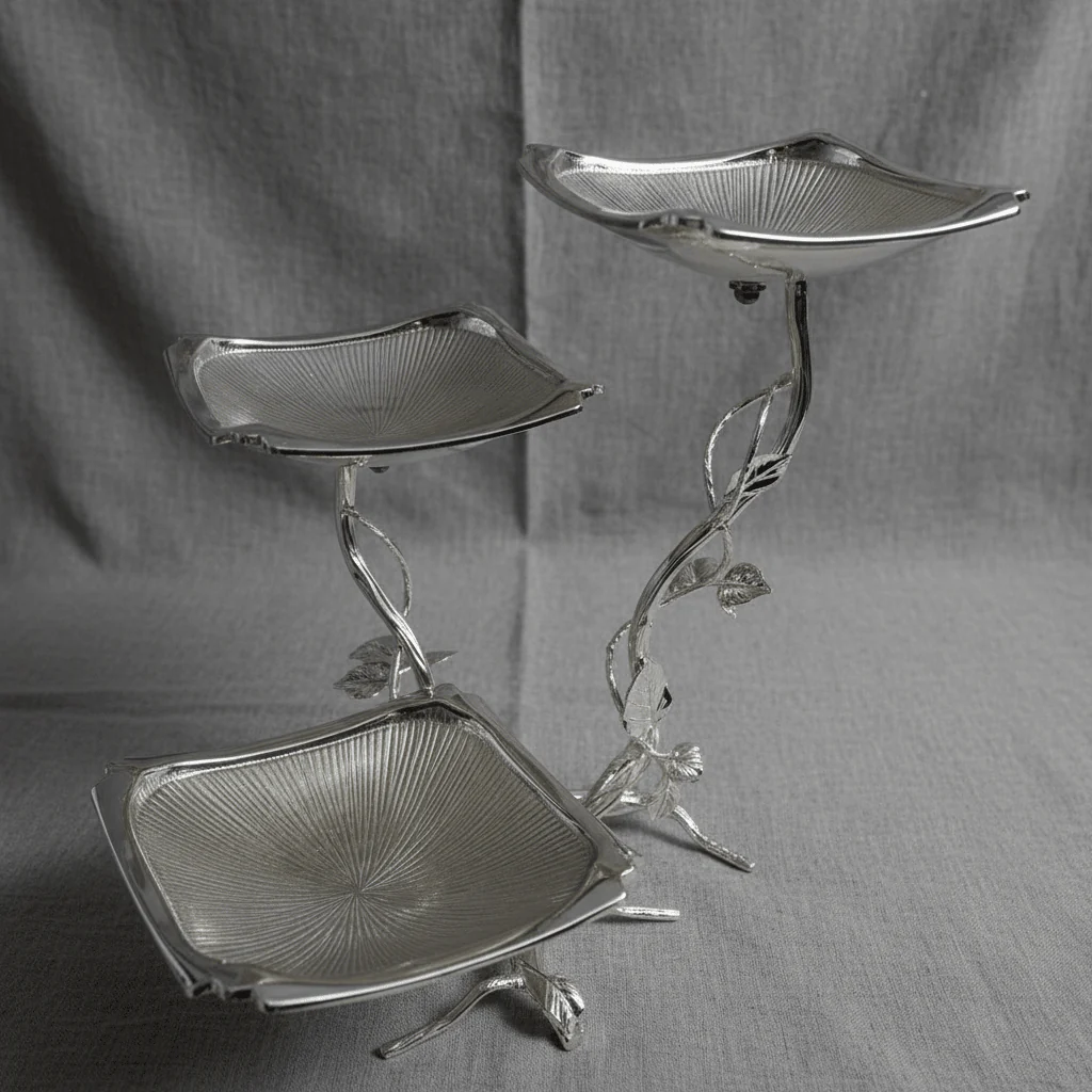 Pilsco Elegant Silver Leaf Design 3-Tier Square Fruit Stand – Decorative Serving Tray for Fruits, Cakes & Sweets – 14 × 28 cm - Image 4