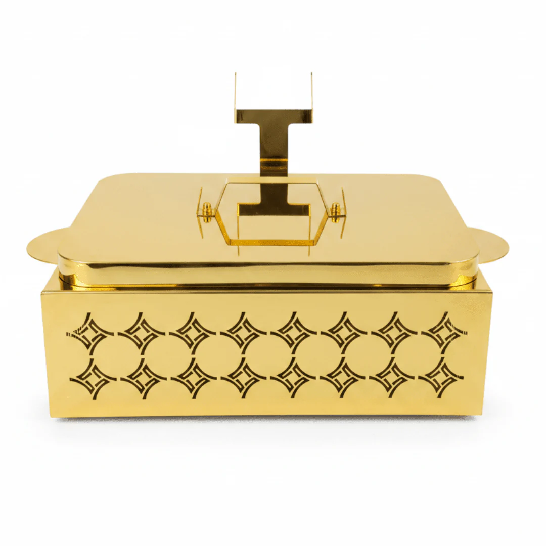 Pilsco Golden Stainless Steel Rectangle Casserole with White Ceramic Inner Dish and Warmer Rack 15 Inch