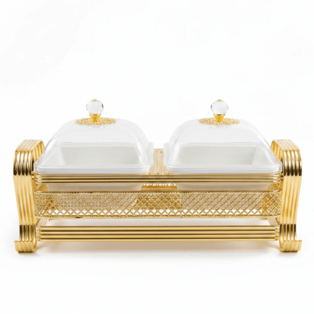 Pilsco Luxury White Ceramic Dual Candy Bowl with Premium Gold Metal Holder & Decorative Lid – Elegant Majlis Serving Tray 25×12 cm