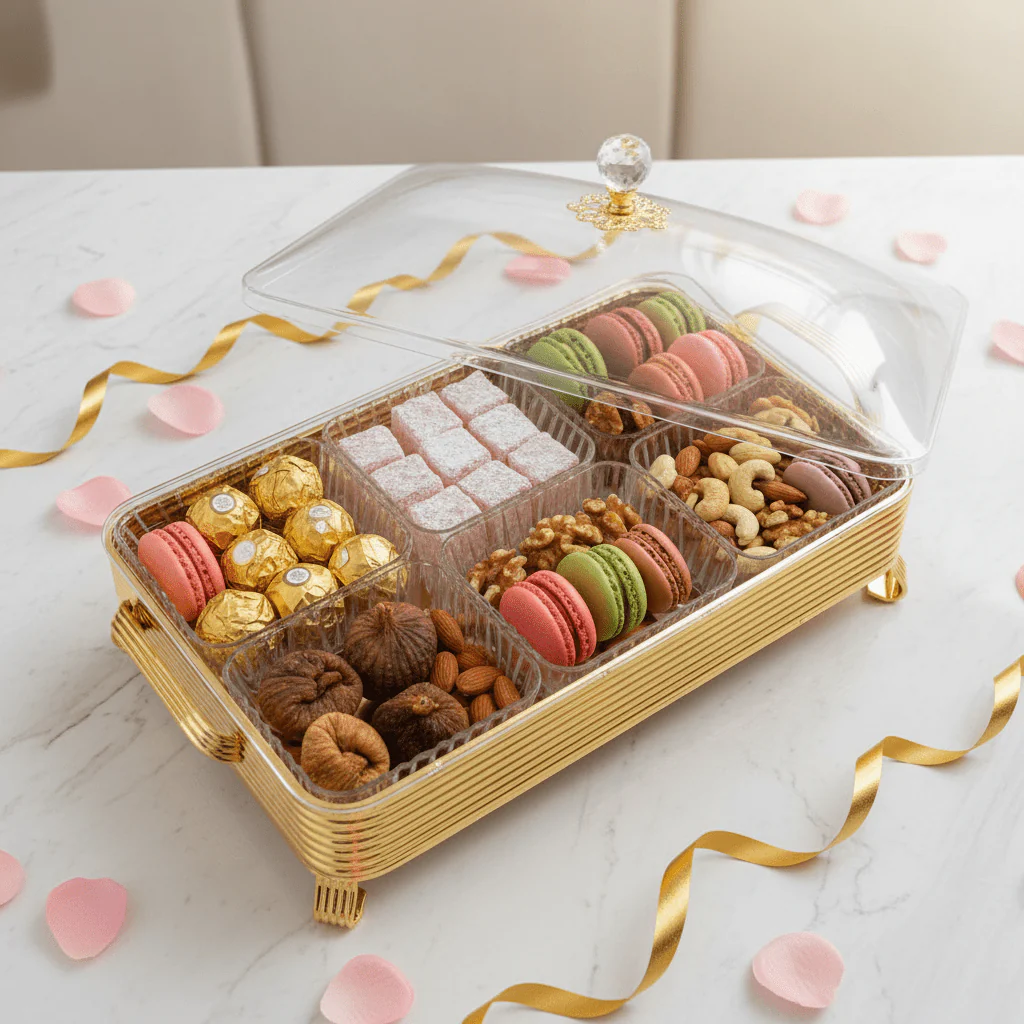Pilsco Premium 6-Compartment Clear Acrylic Candy Storage Box with Elegant Gold Metal Frame & Lid for Chocolates Dry Fruits Sweets and Snacks β Luxury Serving Organizer 40Γ28 cm - Image 3