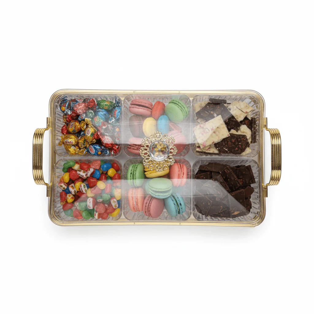 Pilsco Premium 6-Compartment Clear Acrylic Candy Storage Box with Elegant Gold Metal Frame & Lid for Chocolates Dry Fruits Sweets and Snacks β Luxury Serving Organizer 40Γ28 cm - Image 4