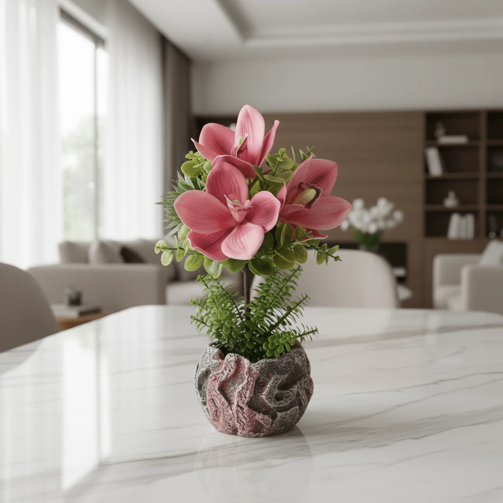 Pink Artificial Orchid Arrangement | Elegant Chalk Pot | 33cm - Image 2