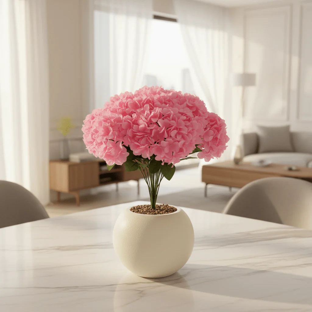 Pink Artificial Hydrangea Flower Arrangement in Cream Ball Pot | 35cm | Premium Faux Floral Decor - Image 2