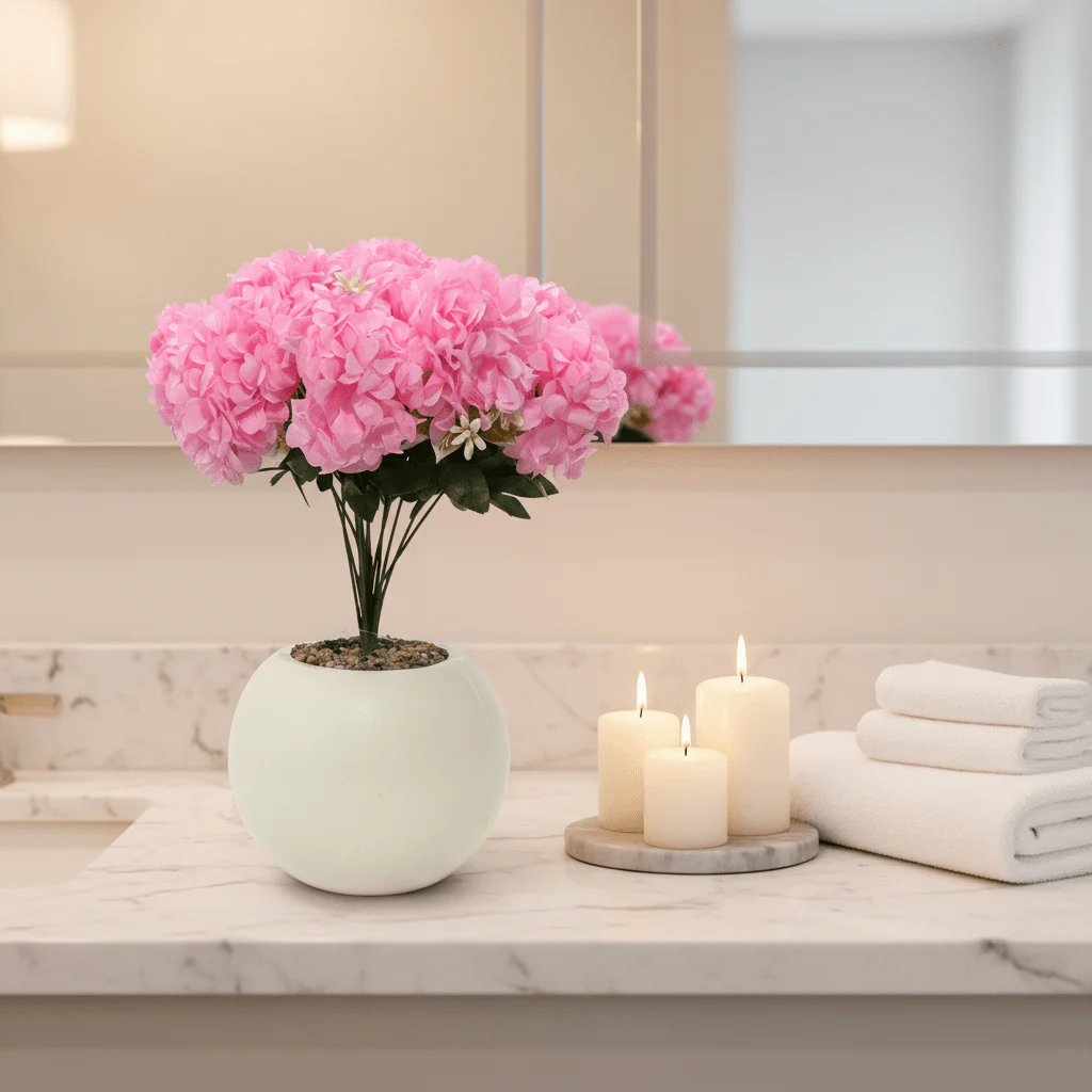 Pink Artificial Hydrangea Flower Arrangement in Cream Ball Pot | 35cm | Premium Faux Floral Decor - Image 3