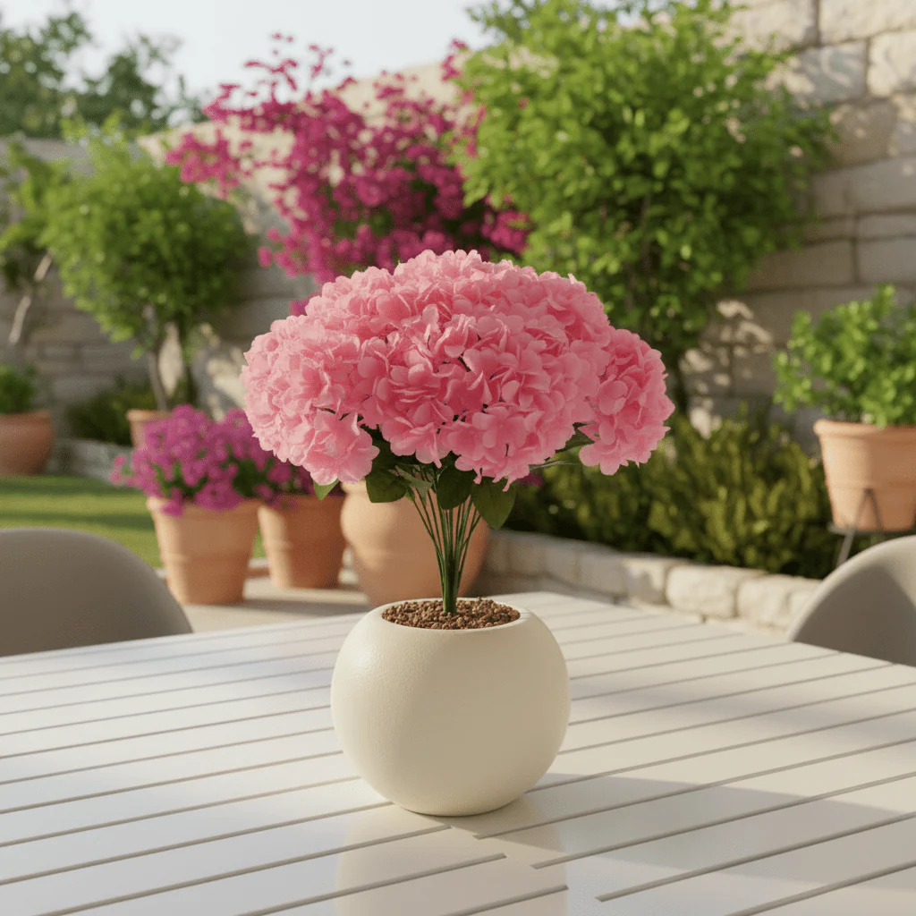 Pink Artificial Hydrangea Flower Arrangement in Cream Ball Pot | 35cm | Premium Faux Floral Decor - Image 4